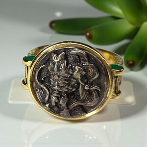 18k Gold Plated 2 Tone Ancient Dragon Coin Emerald Cabochon Ring